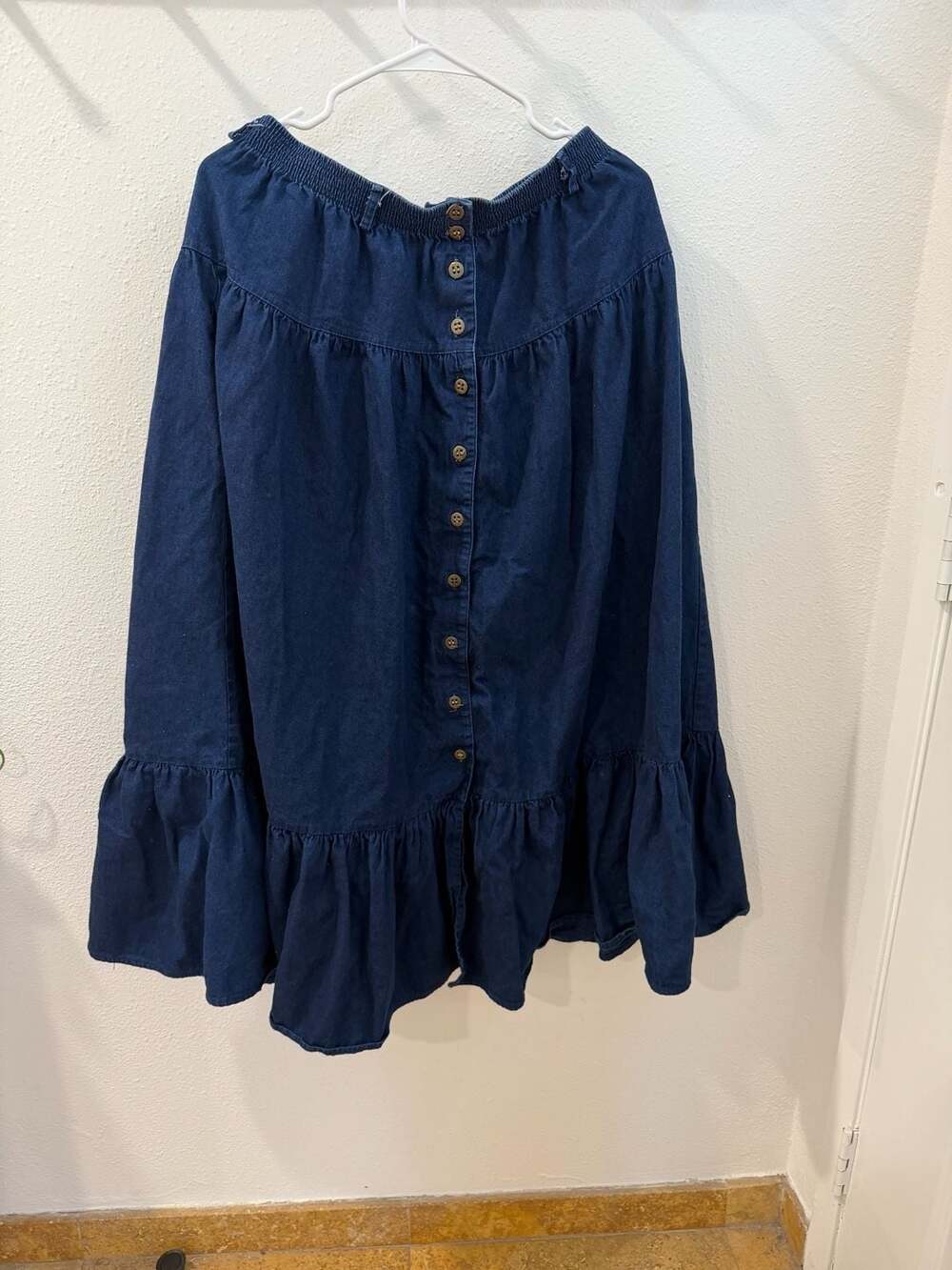 100% Cotton Made in the USA, Denim Midi Skirt Button Front Ruffle Tiered